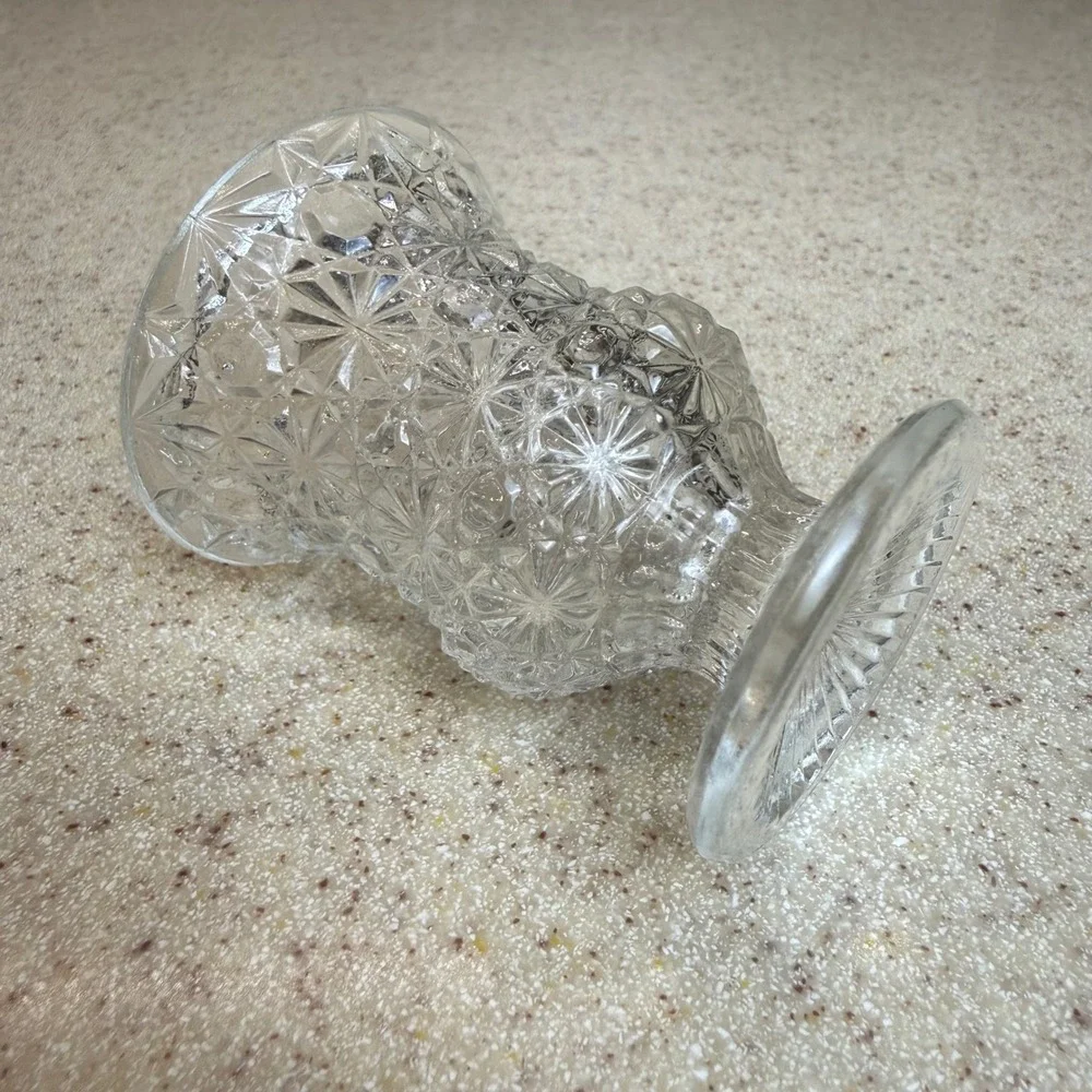 VTG Clear Pressed Glass Pedestal Toothpick Holder Starburst Pattern 2.5